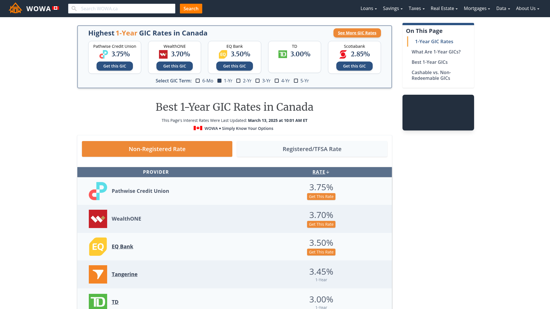 List Of 1 Year GIC Rates In Canada WOWA ca