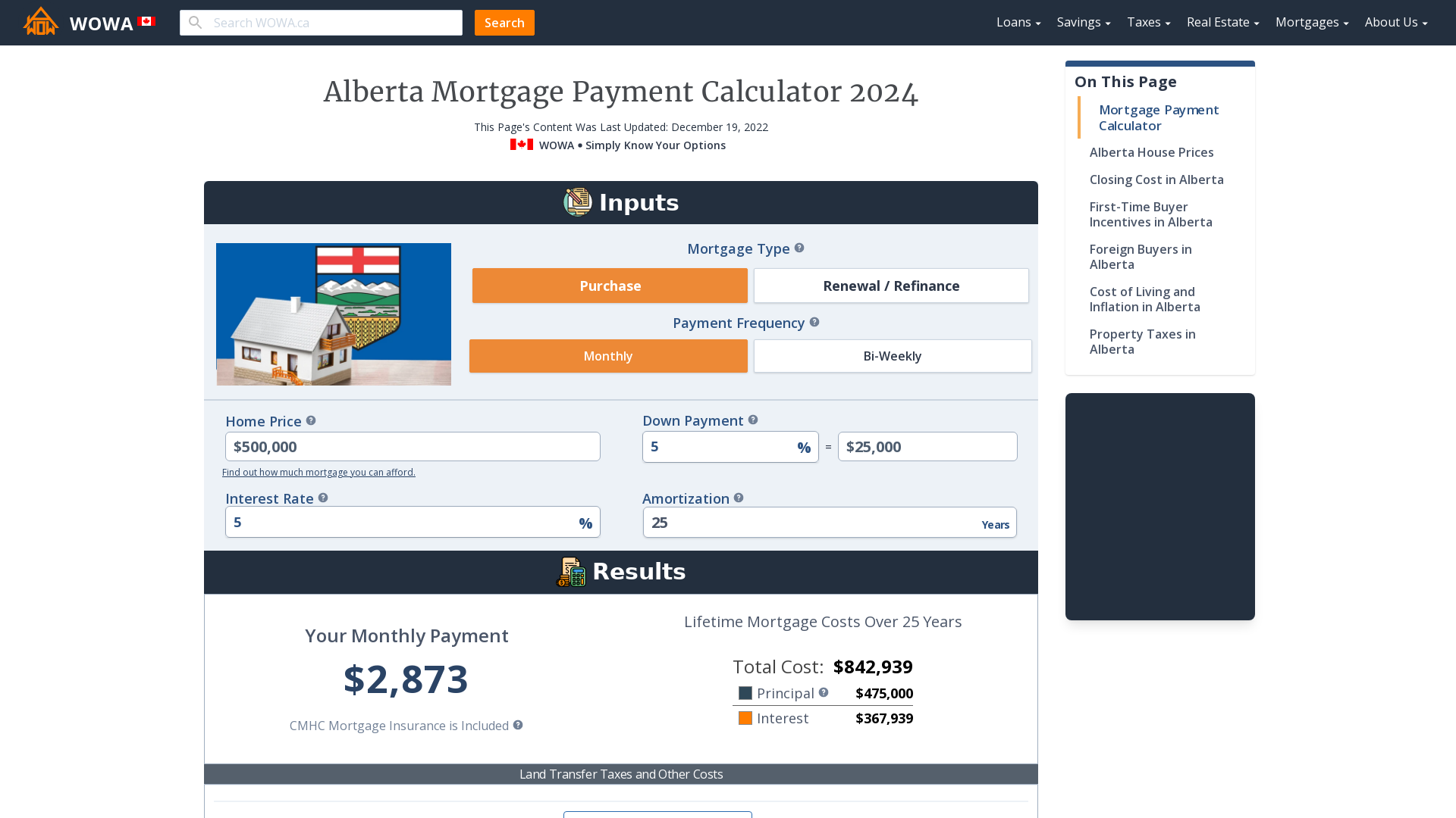 Alberta Mortgage Payment Calculator WOWA ca