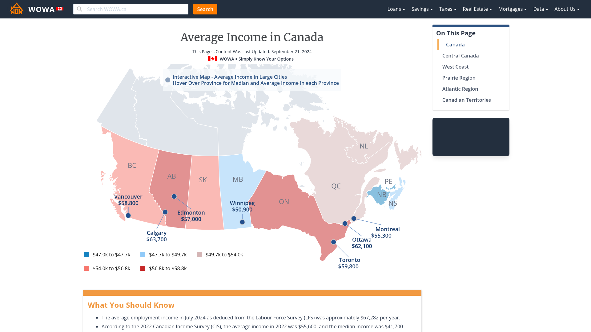 Average Earnings in Canada, Canadian Regions, Large Provinces and Large