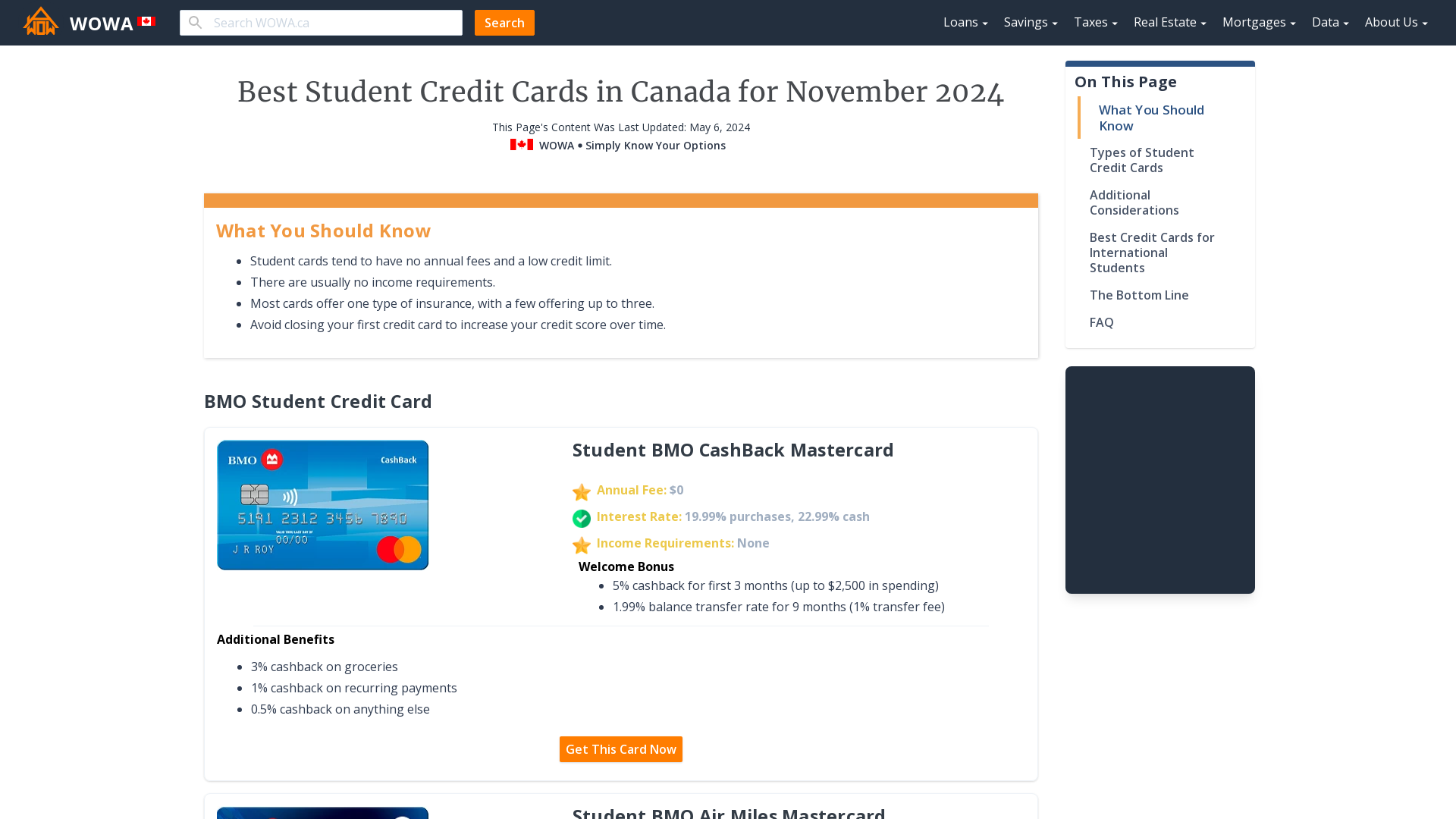 best student credit cards canada