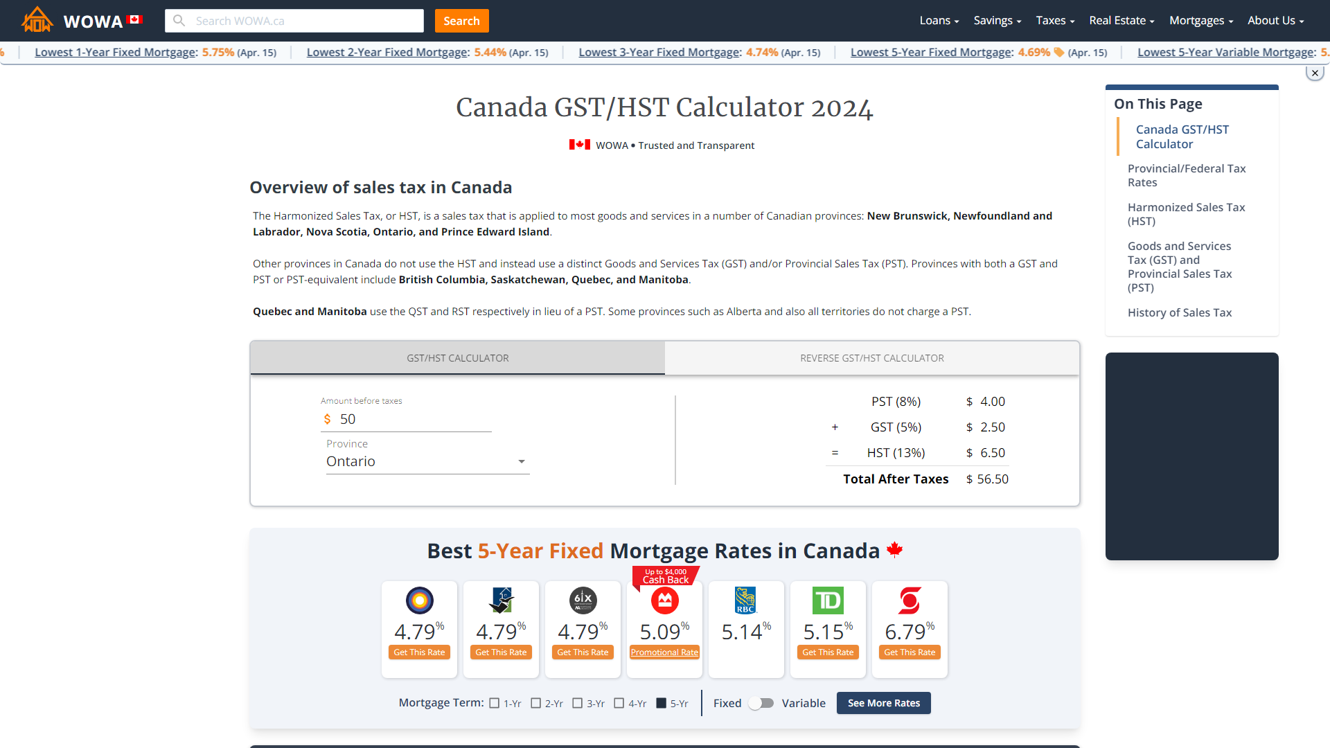 Canada Sales Tax (GST/HST) Calculator | WOWA.ca