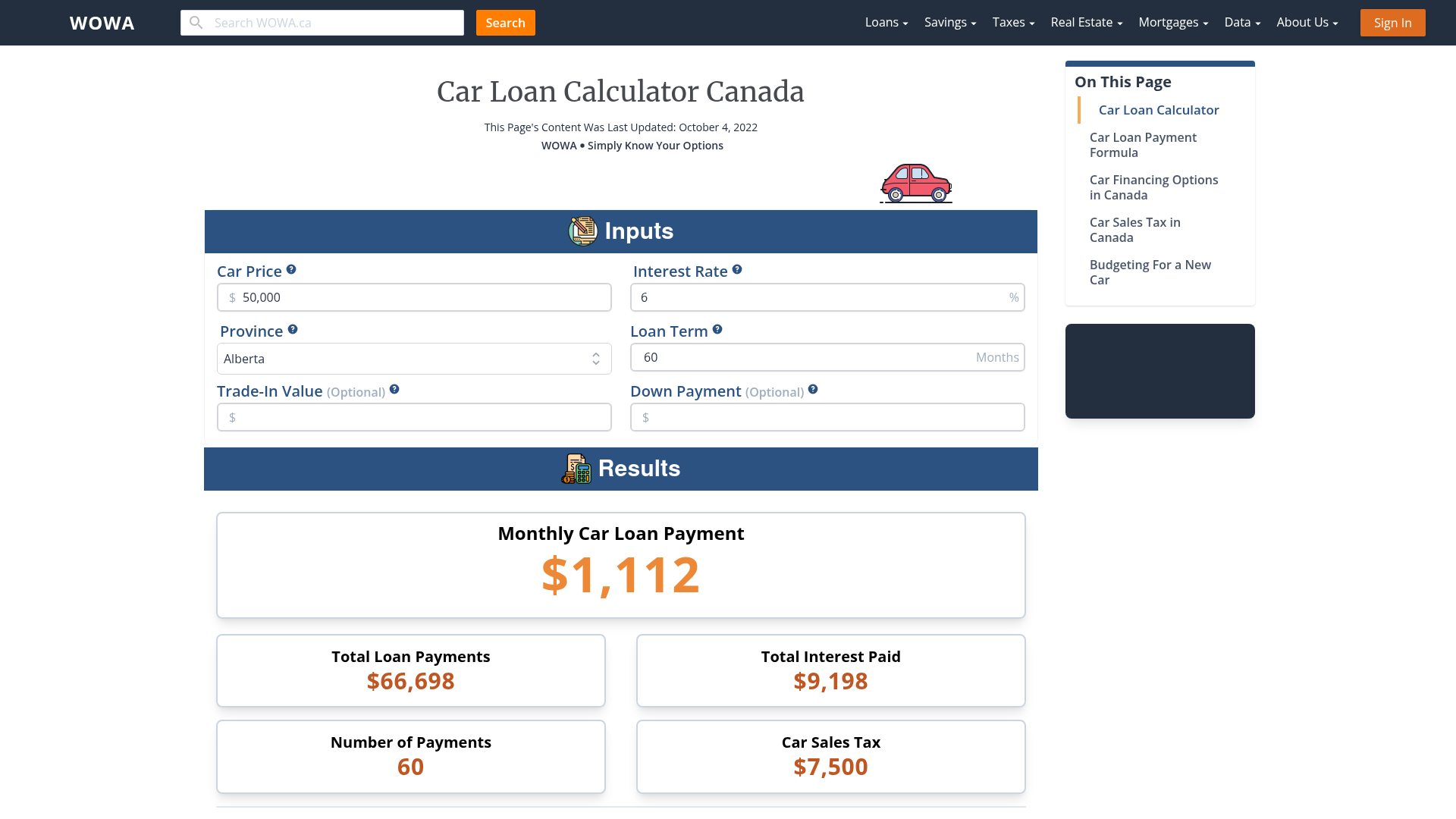 Car Loan Calculator Canada WOWA ca