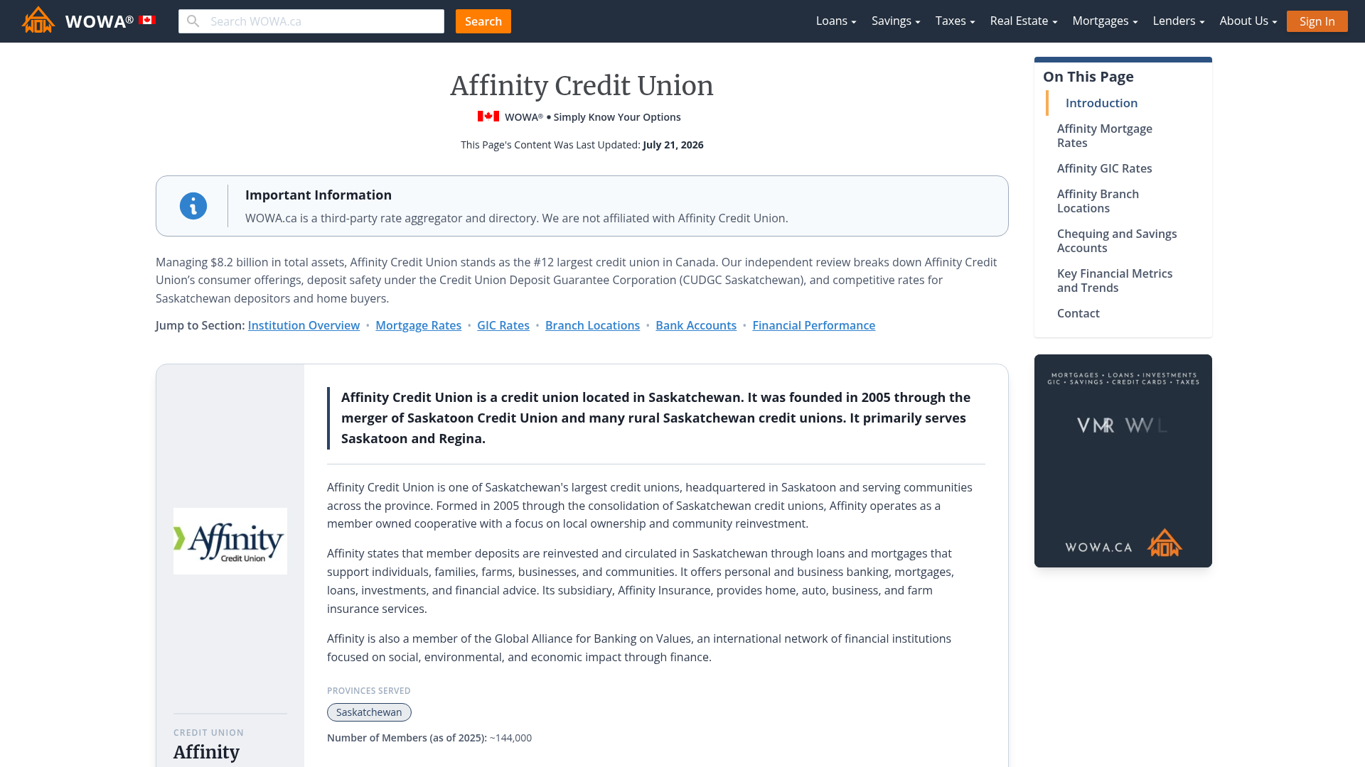 Affinity Credit Union Rates, Loans, Deposits & Overview | WOWA.ca