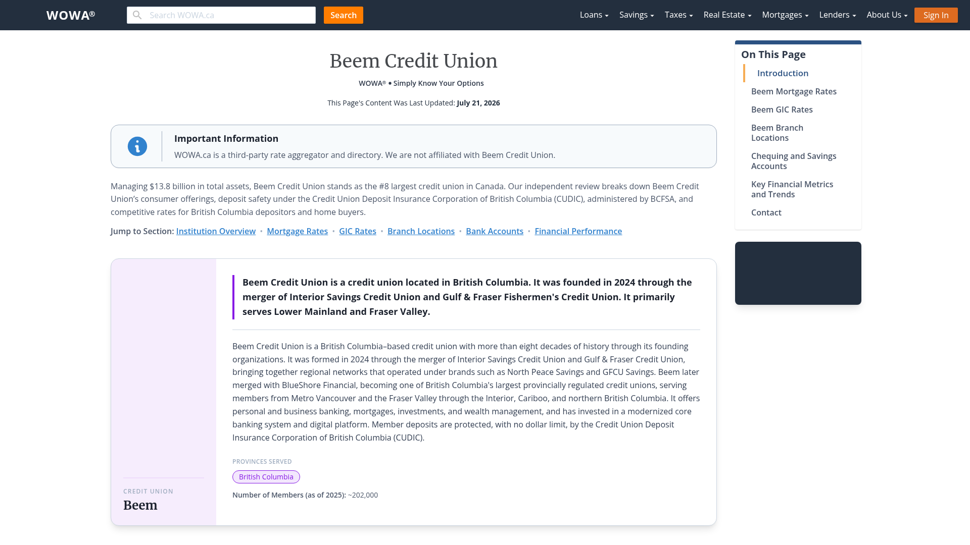 Beem Credit Union Rates, Loans, Deposits & Overview | WOWA.ca