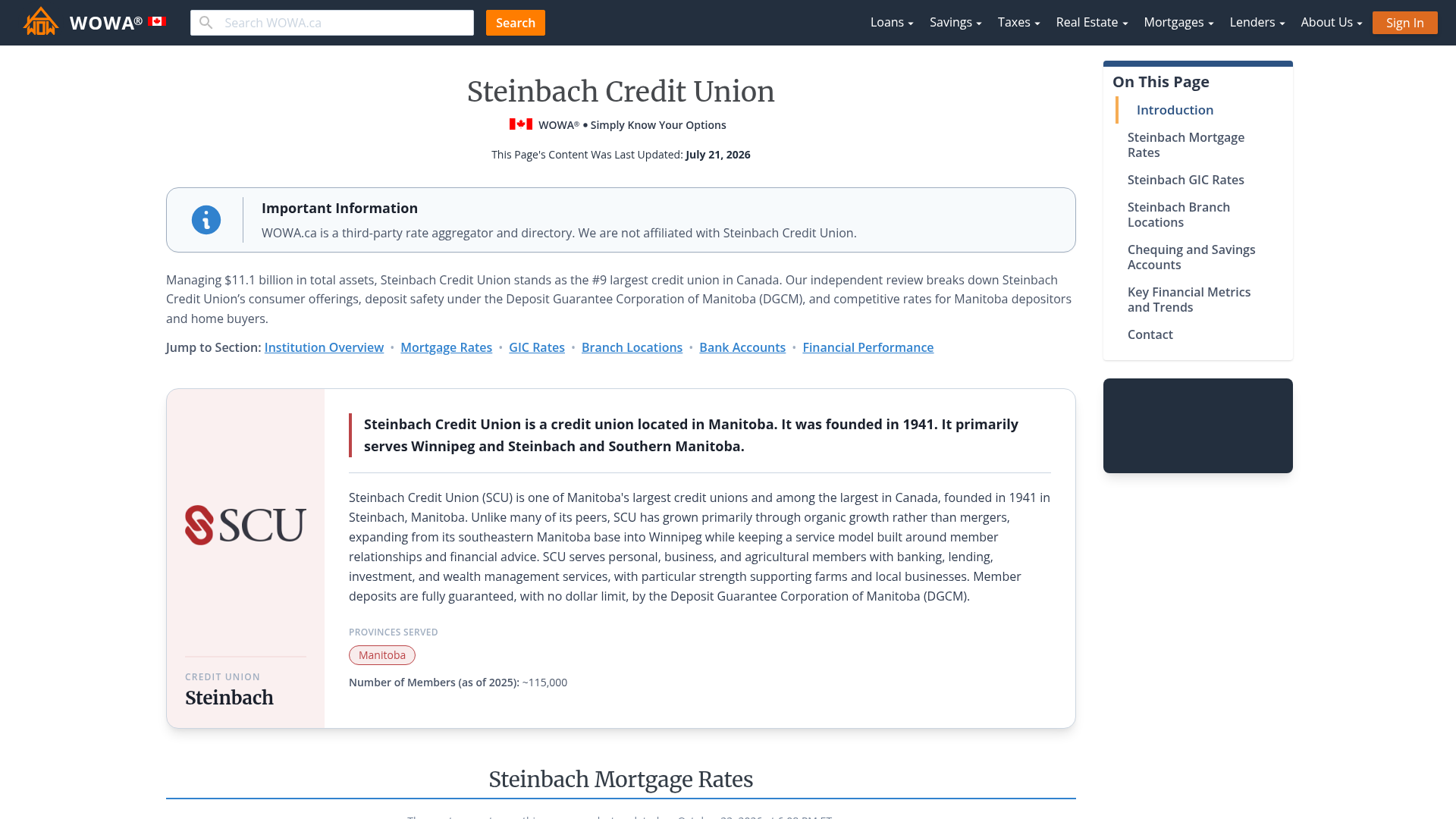 Steinbach Credit Union Rates, Loans, Deposits & Overview | WOWA.ca