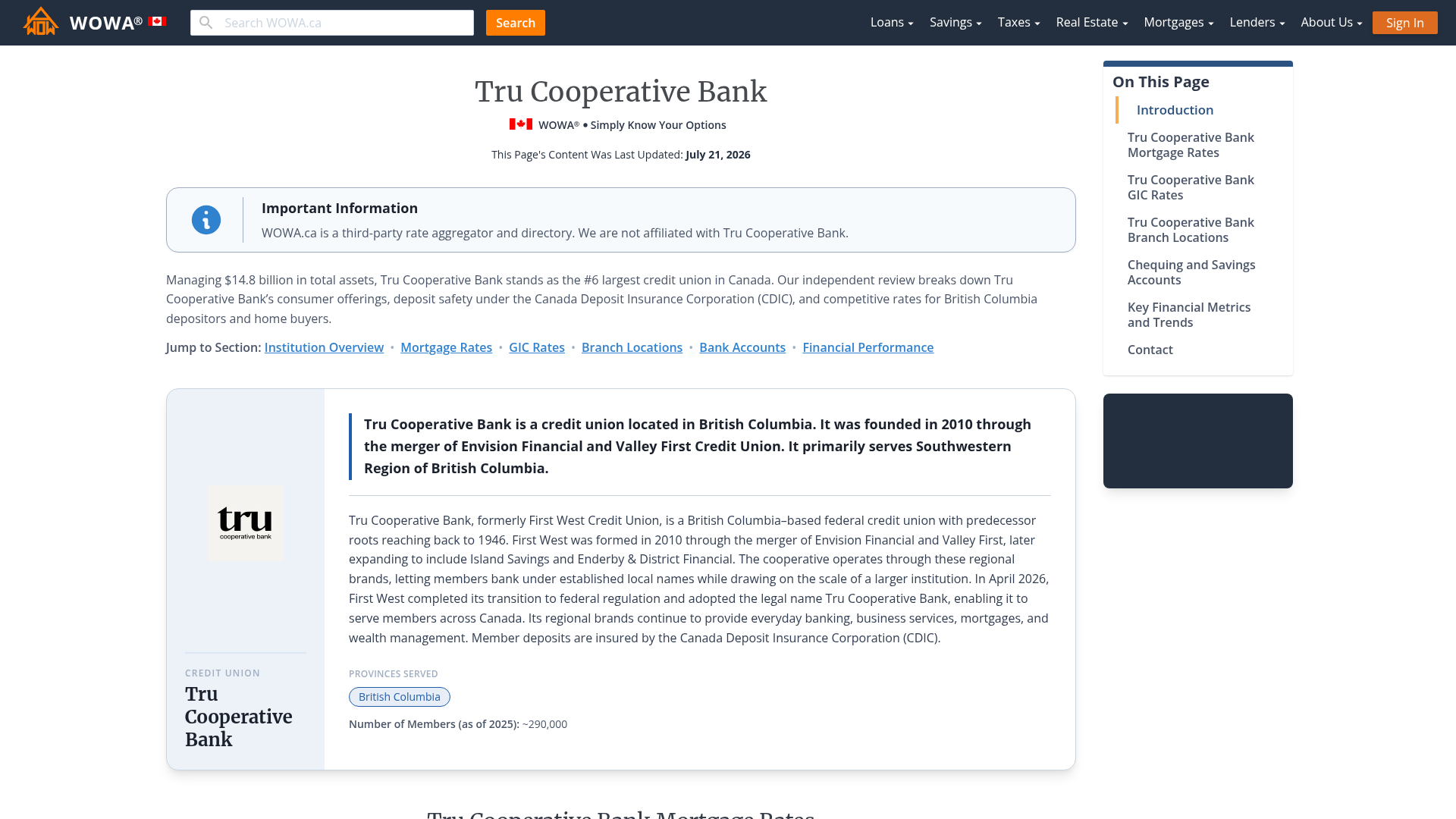 Tru Cooperative Bank Rates, Loans, Deposits & Overview | WOWA.ca