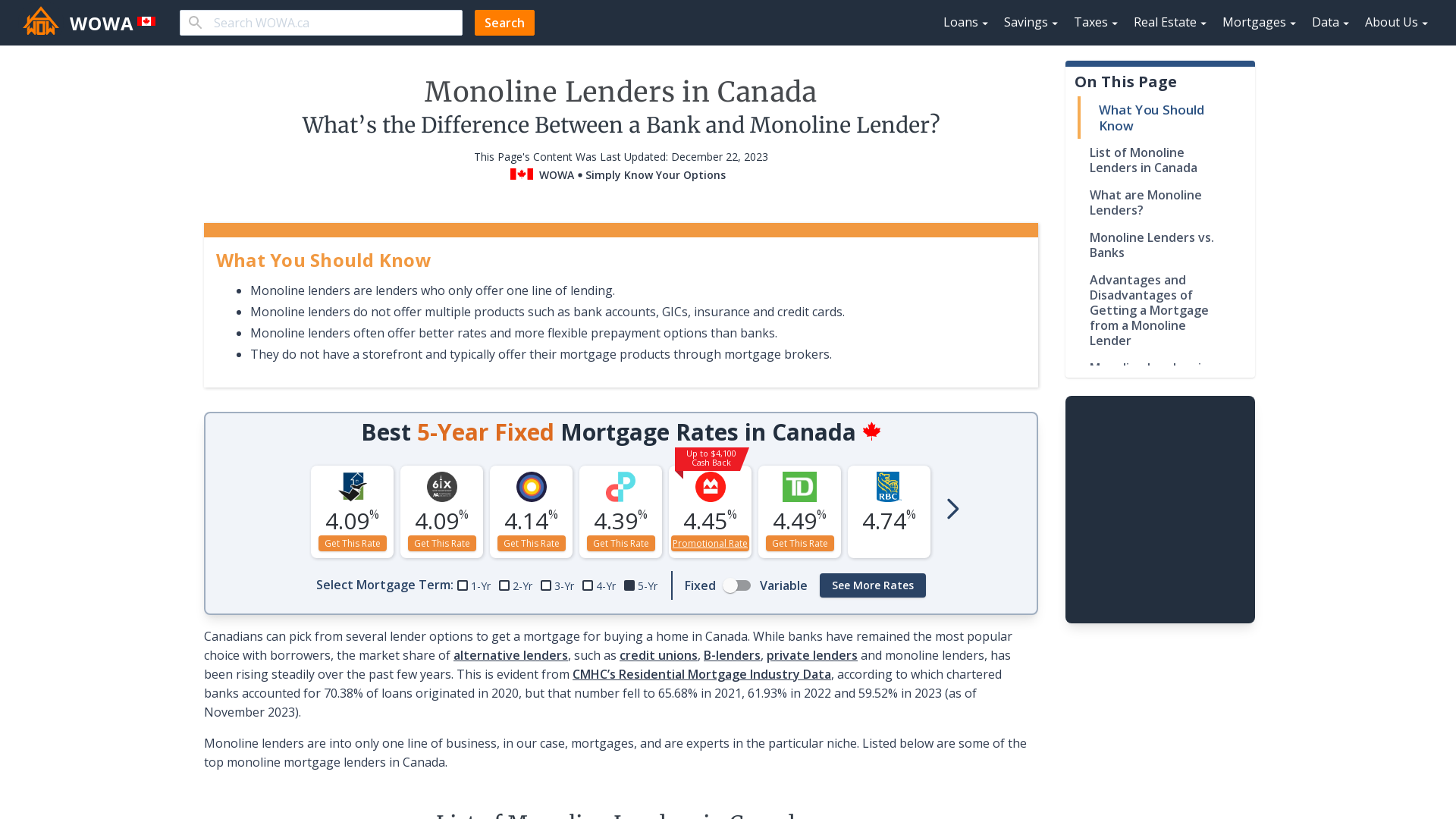 Monoline Lenders In Canada | WOWA.ca