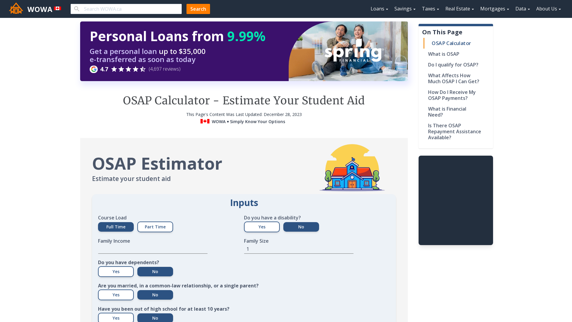 OSAP Calculator Estimate Your Student Aid WOWA.ca