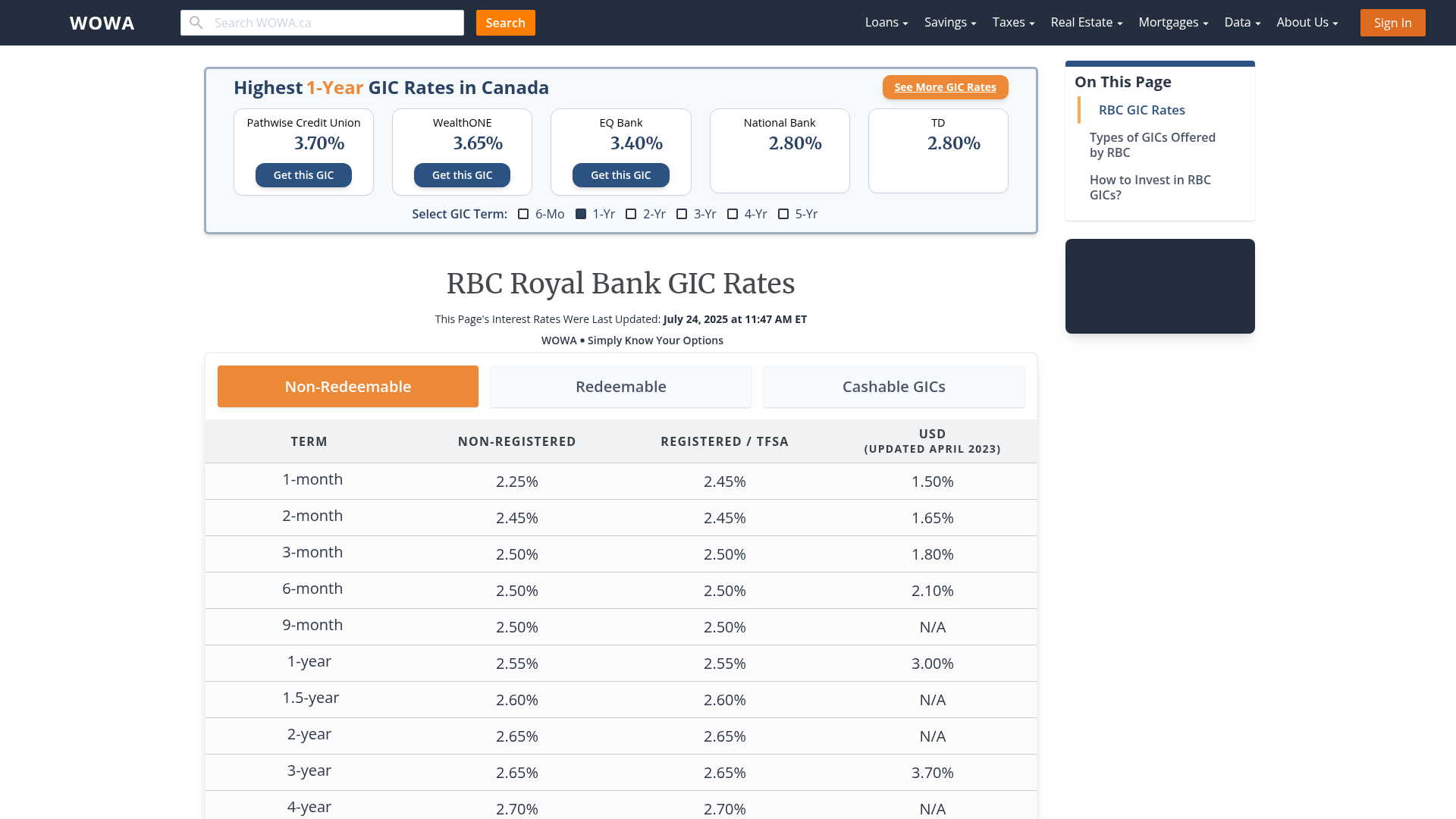 Compare RBC Royal Bank GIC Rates WOWA ca
