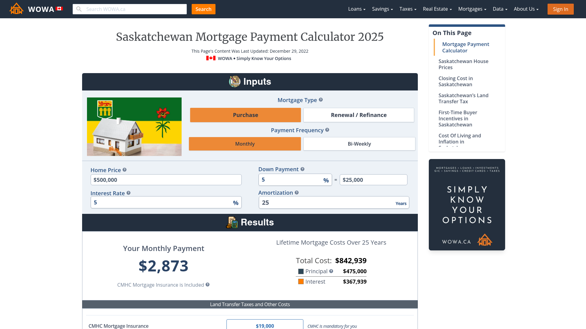 Saskatchewan Mortgage Payment Calculator WOWA.ca