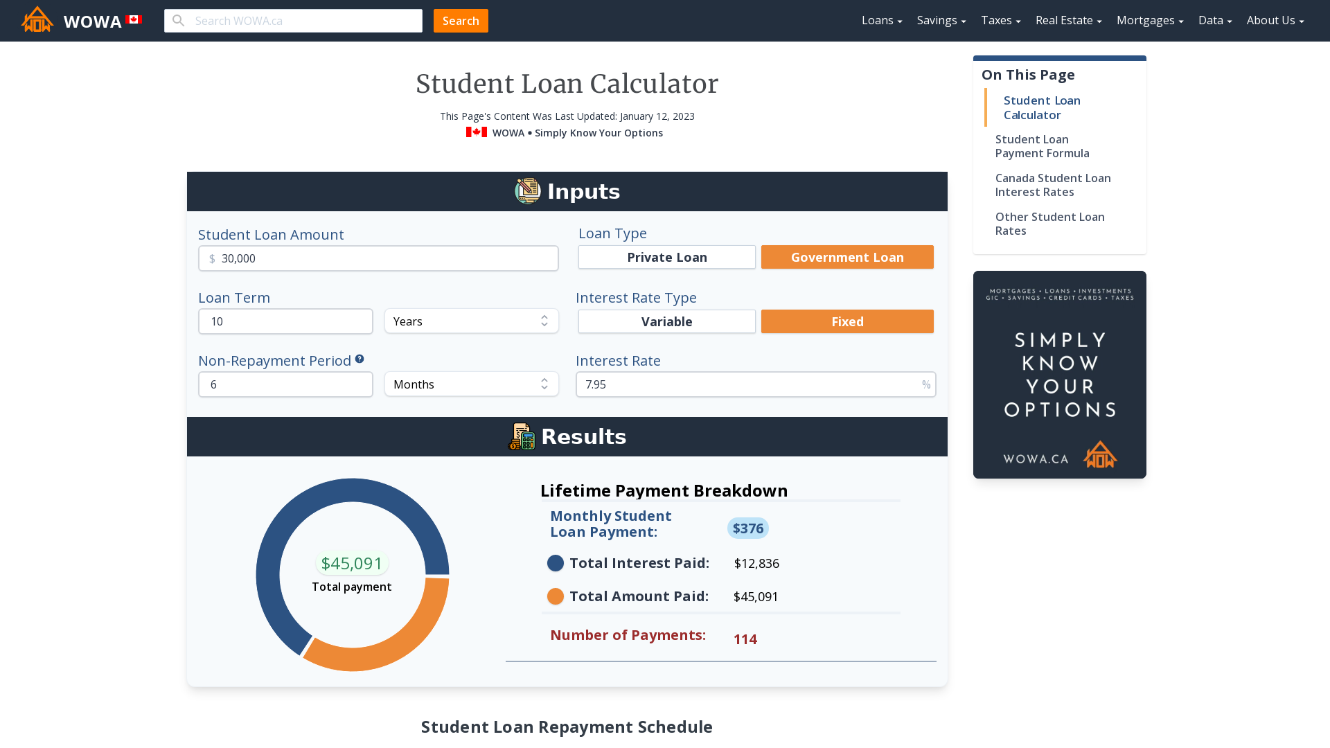 Student Loan Calculator Canada WOWA ca