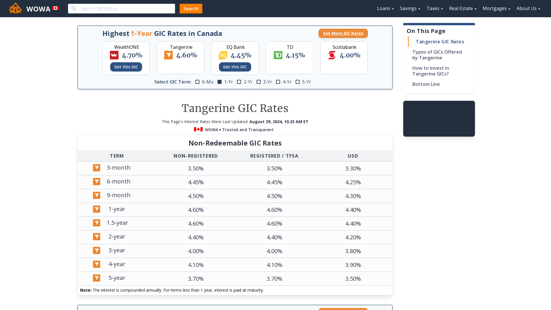 Compare Tangerine GIC Rates WOWA.ca