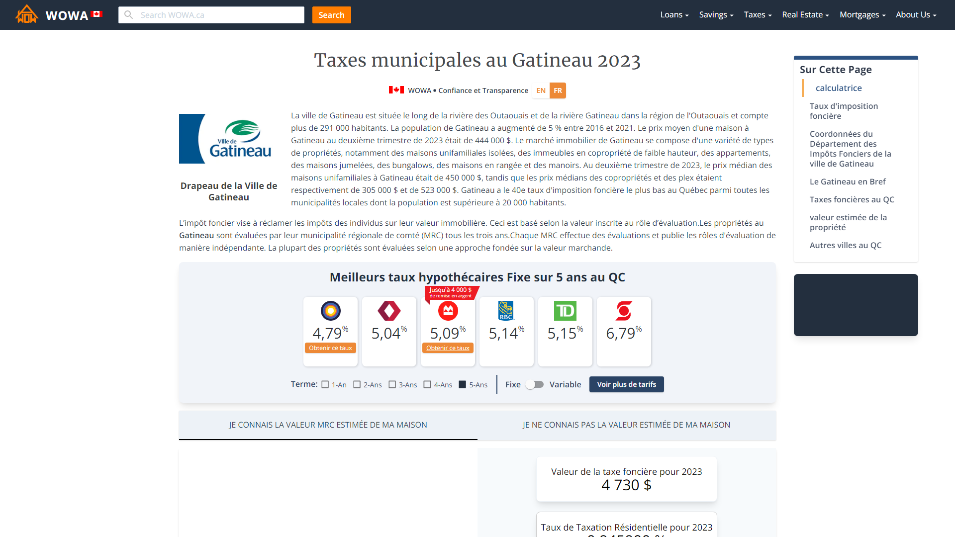 Taxe foncière pour Gatineau 2023 Calculatrice et Taux WOWA.ca