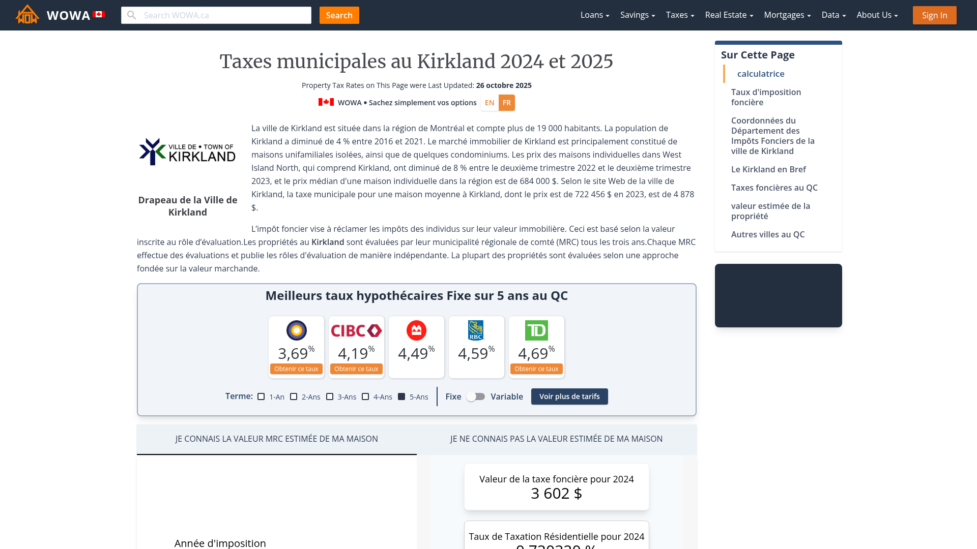 Taxe foncière pour Kirkland 2023 Calculatrice et Taux WOWA.ca
