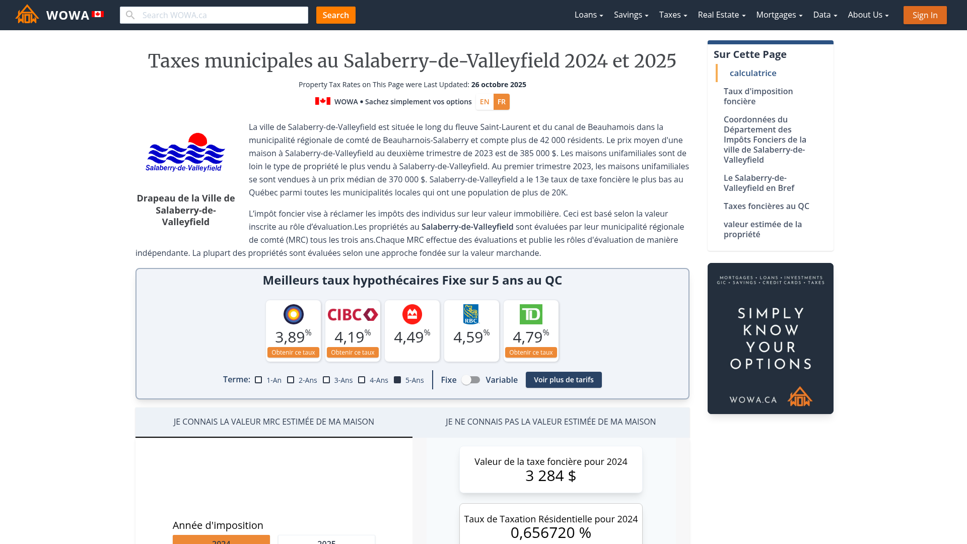 Taxe foncière pour SalaberrydeValleyfield 2023 Calculatrice et Taux