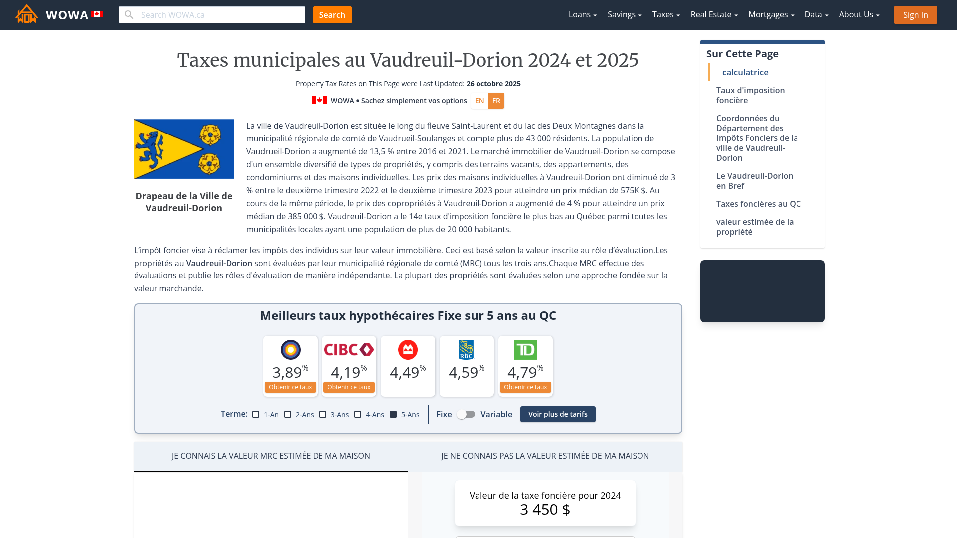 Taxe foncière pour VaudreuilDorion 2023 Calculatrice et Taux WOWA.ca